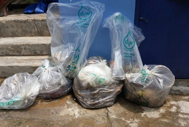 Collected trash bagged up in our biodegradable rubbish sacks